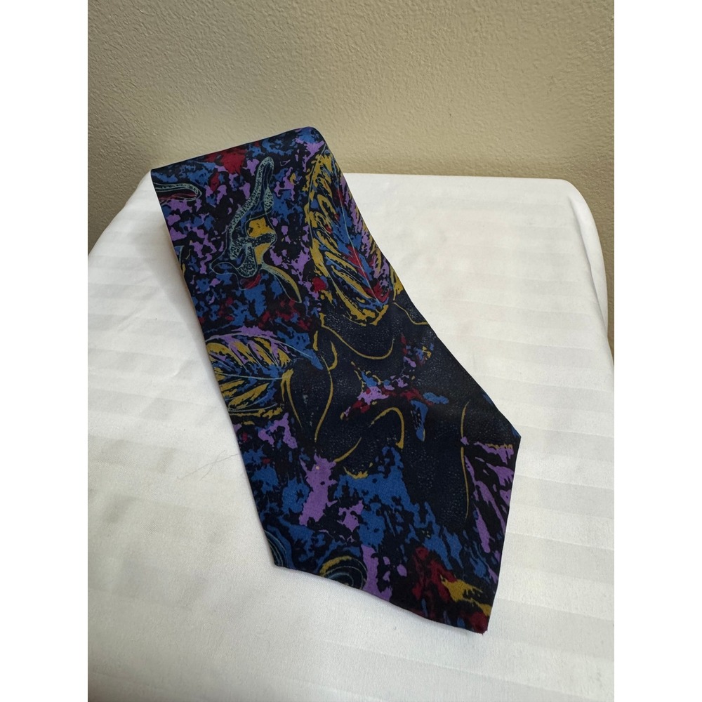 Oscar de la Renta Studio Mens Silk Tie Abstract Floral Leaf Navy Purple Gold USA